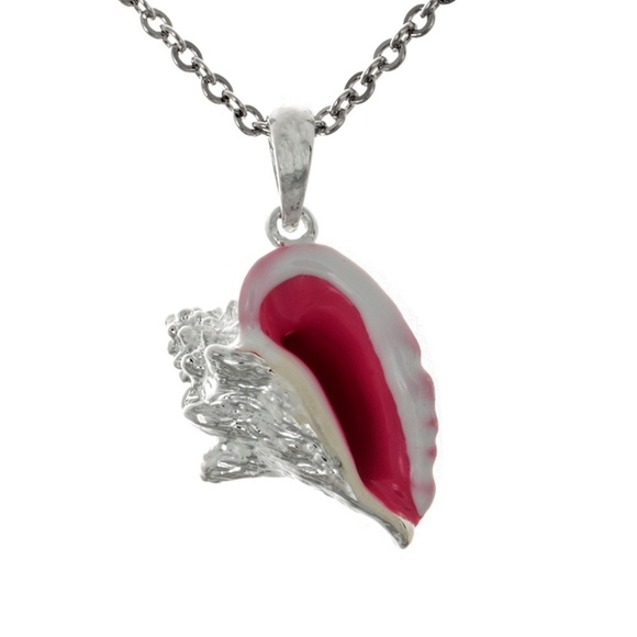 925 Sterling Silver Large Enamel Conch Shell Necklace Charm Pendant w Chain - Picture 1 of 12